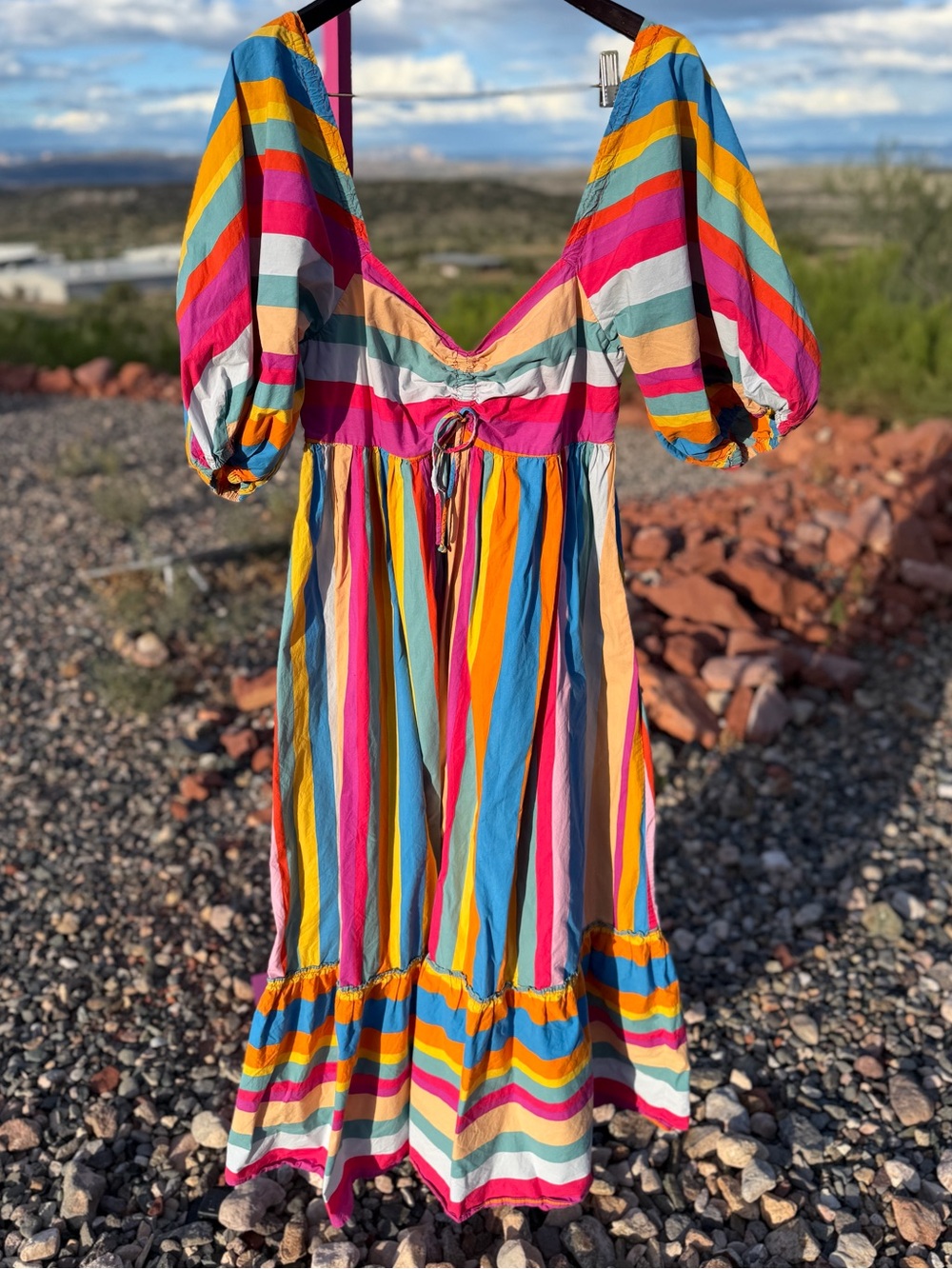 FARM Rio Rainbow Stripe Maxi Dress M Multicolor Puff Sleeve Boho Resort colorful